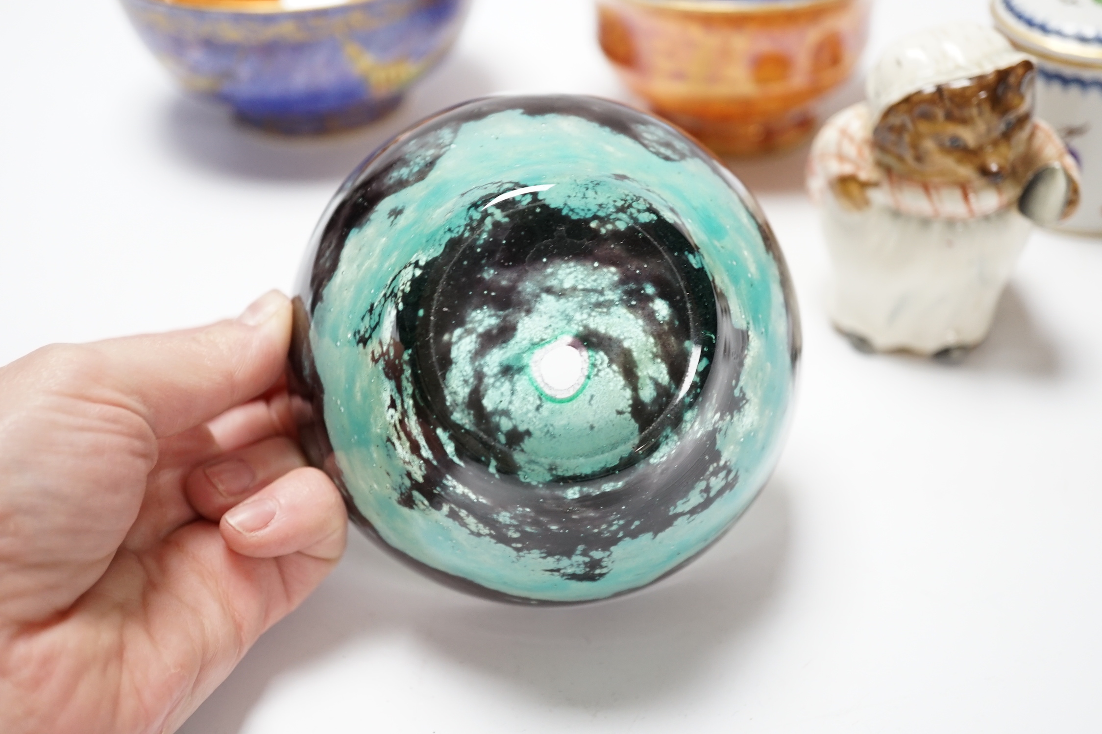 Two Wedgwood lustre bowls, a Vasart type glass bowl and two other items comprising Beatrix potter figure and Italian porcelain pot and cover, largest 13cm in diameter